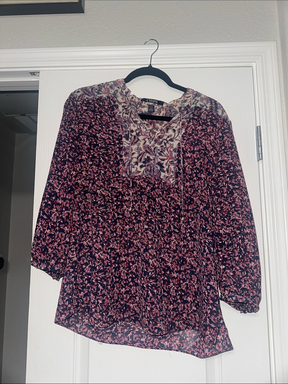 Chaps Women's Multicolor Floral Split-Neck Peasant Blouse petite Large